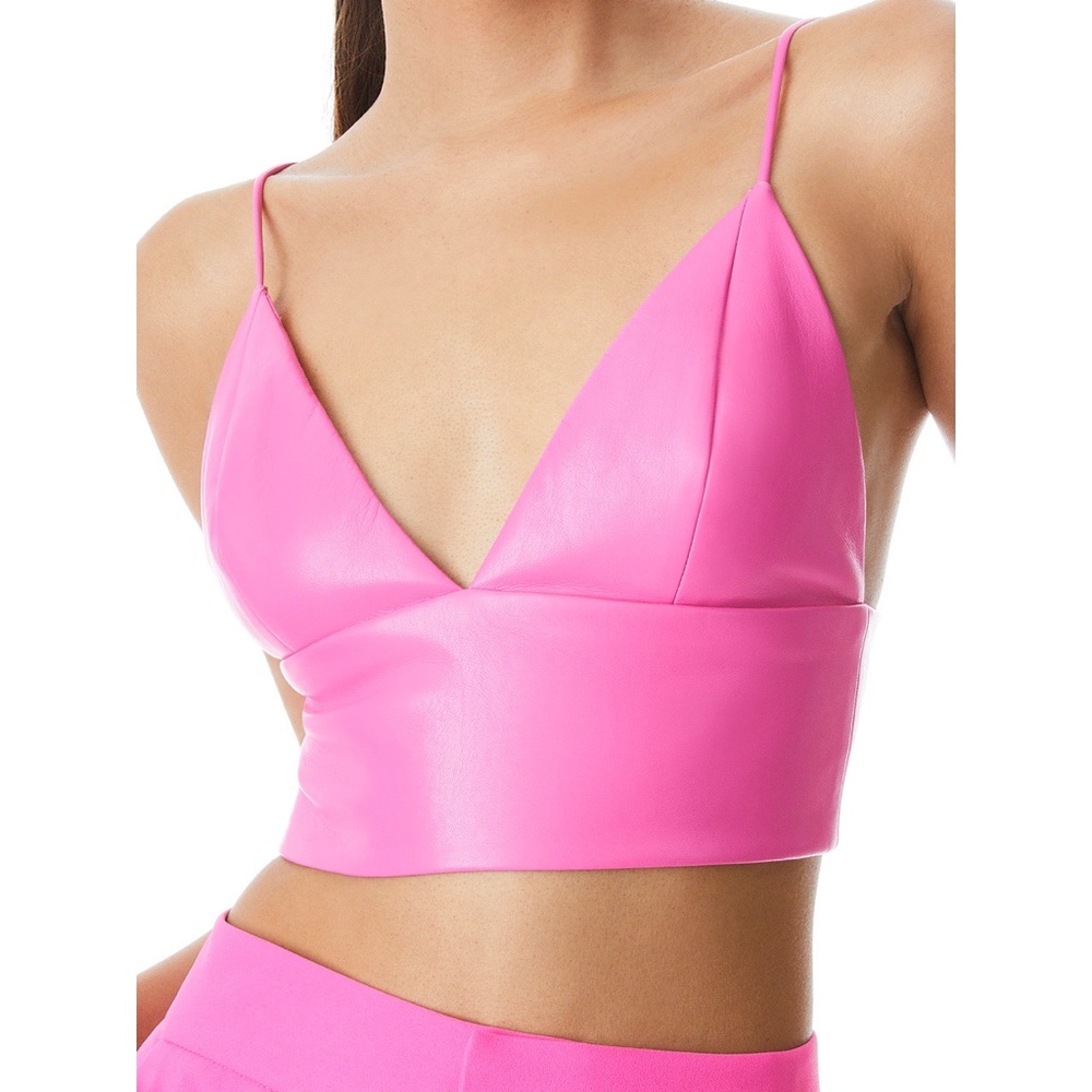 Alice + Olivia Carli Vegan Leather French Rose Pink Bra Cropped Top - Picture 6 of 13